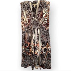 live and let live Paisley Print Tans/Black Sleevless Sparkly dress M (K-027)